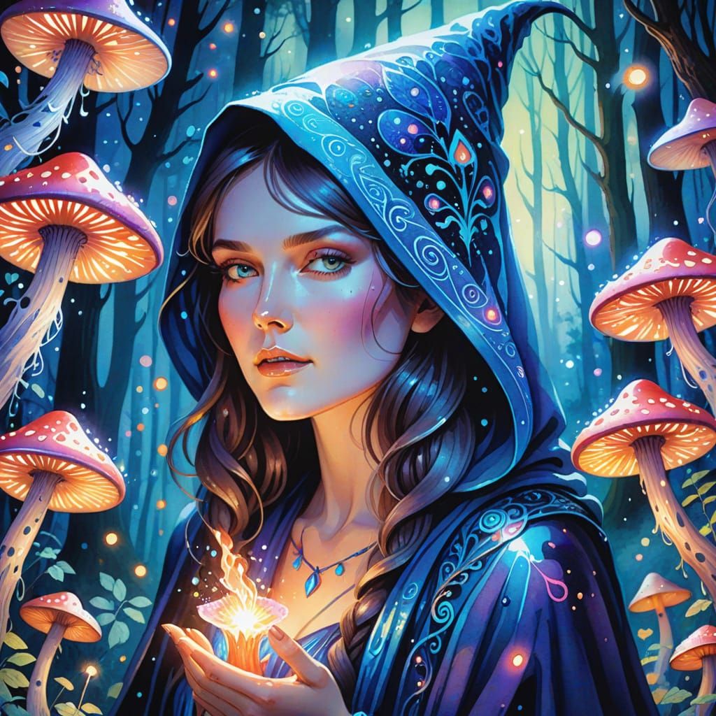 Mystical Sorceress in Vibrant Forest with Glowing Accents