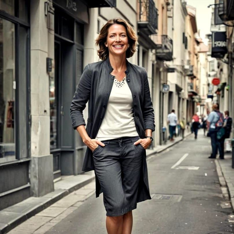 Happy City Lady in Charcoal Drawing Style