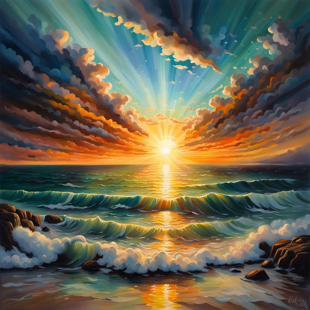 Iridescent Sunset Over Ocean: Gouache Panoramic Landscape