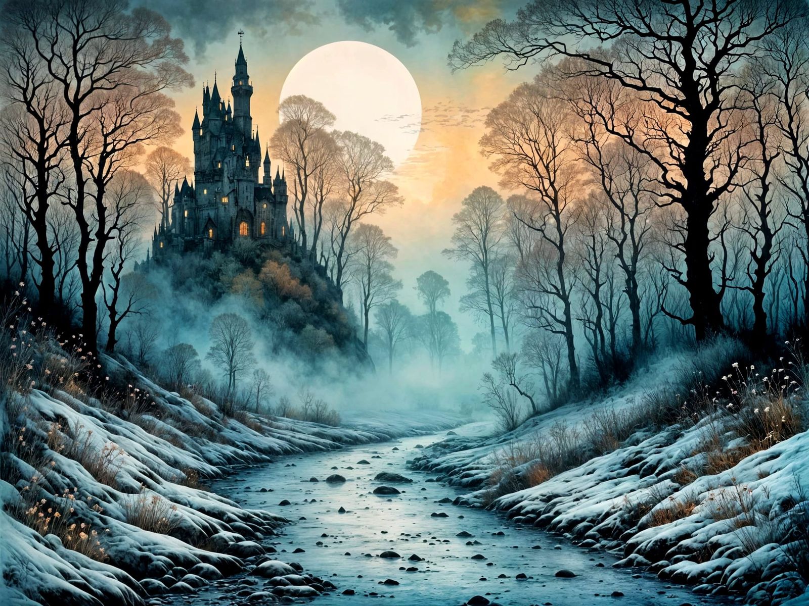 Castle Ruin in Icy Mist by Morning Light