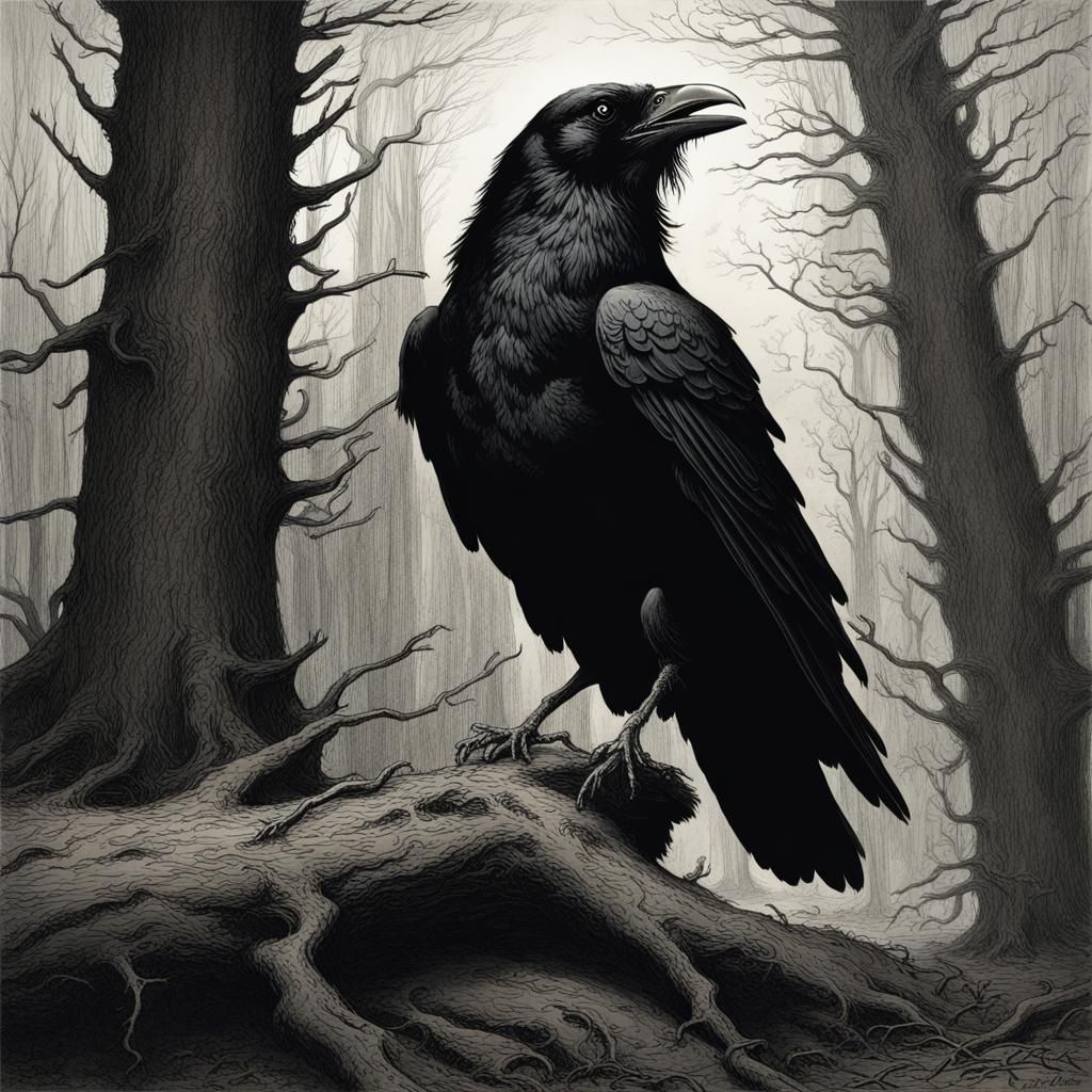 Horrific Raven in Dark Forest: Gothic Horror Art