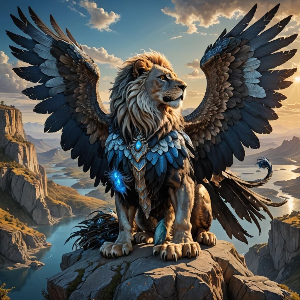Surreal Lion Gryphon Overlooking Fantasy Landscape