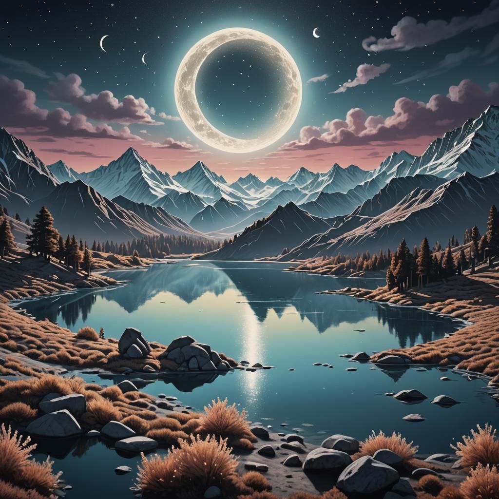 Alpine Lake in Moonlight: Haring Style Fantasy Art