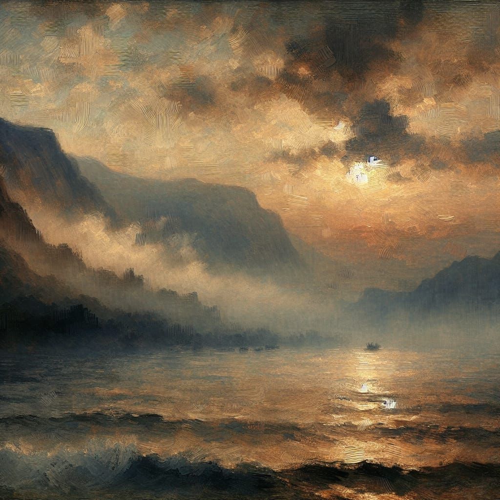 Foggy Sunset Seascape in Earth Tones