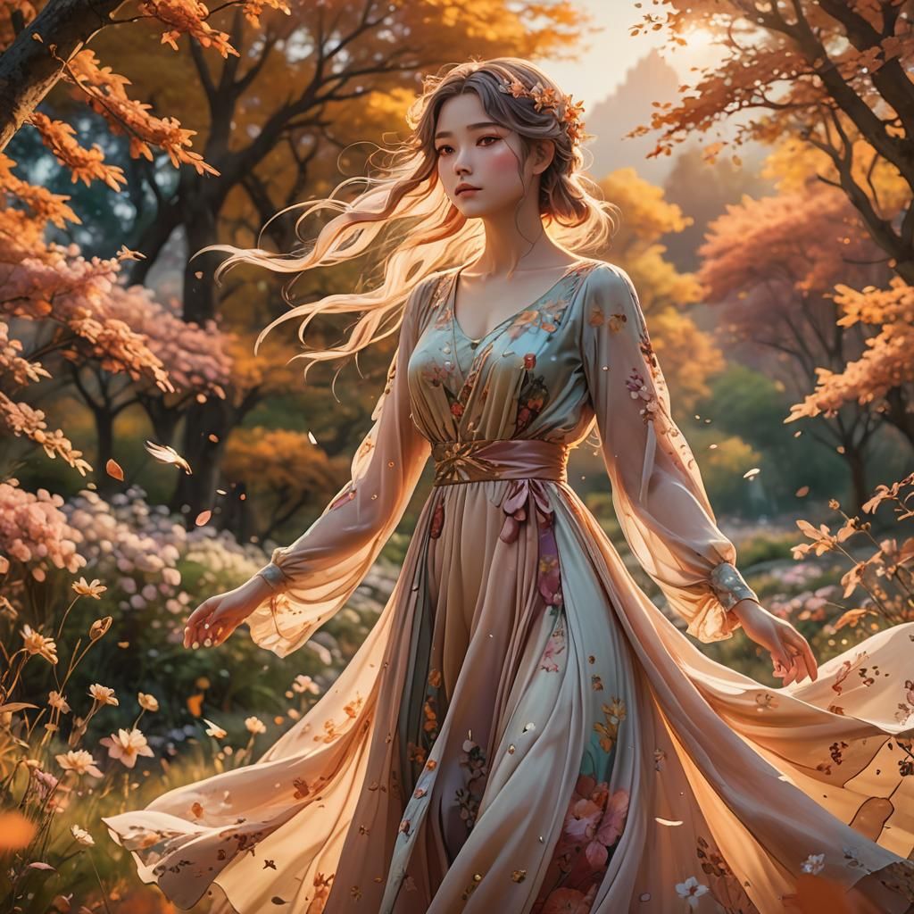 Ethereal Anime Woman Surrounded by Autumn Flowers