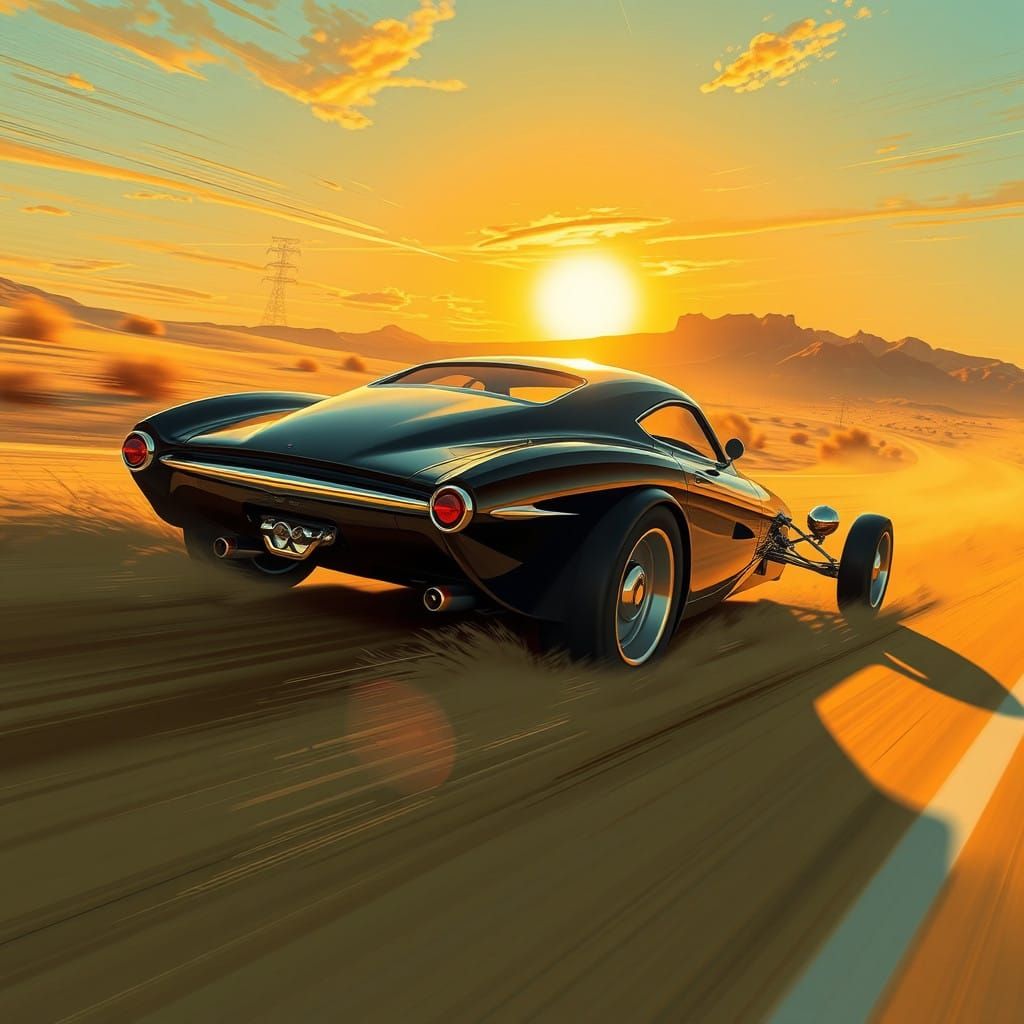 Vintage Car Speeds Down Desert Highway