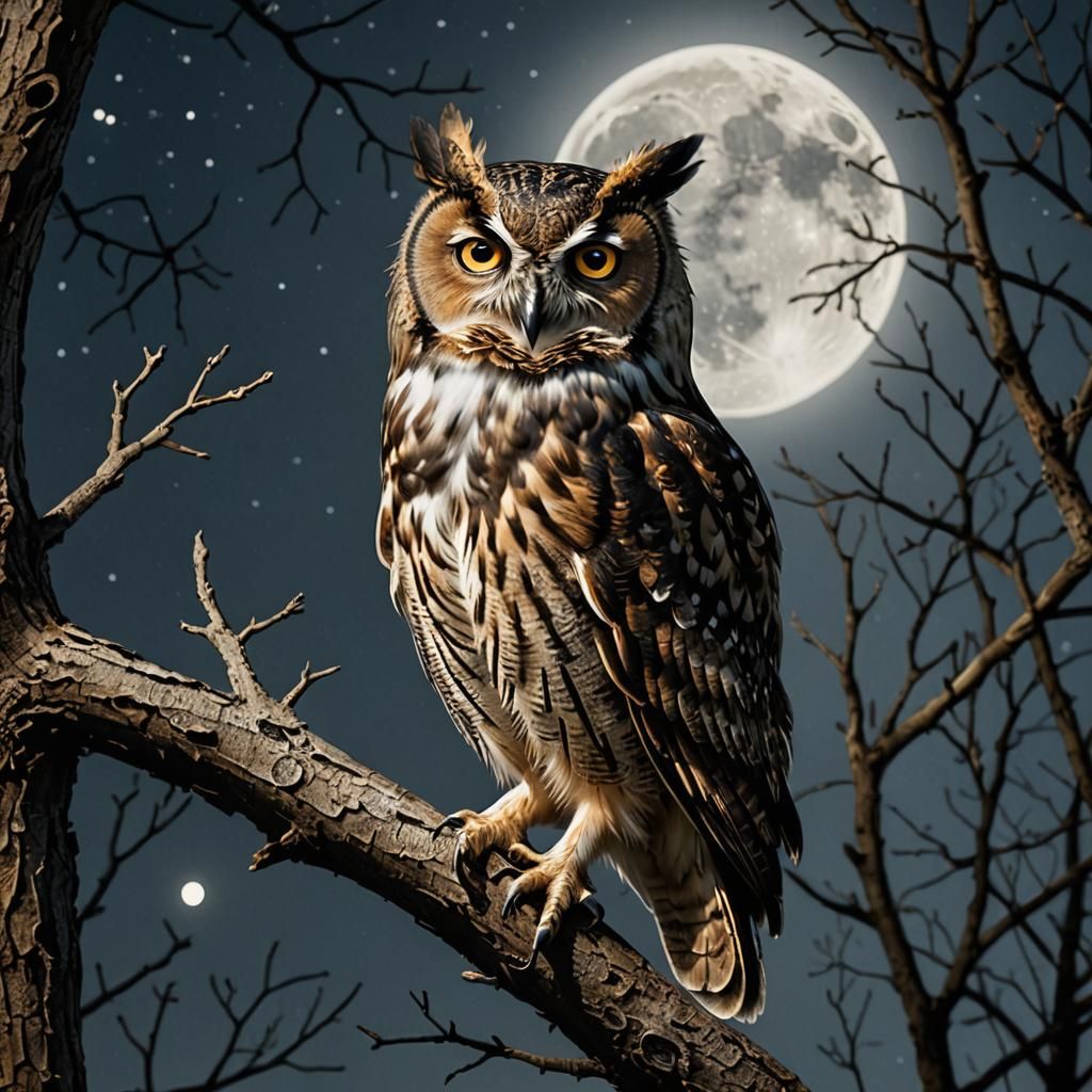 Intricate Owl on Branch in Moonlight