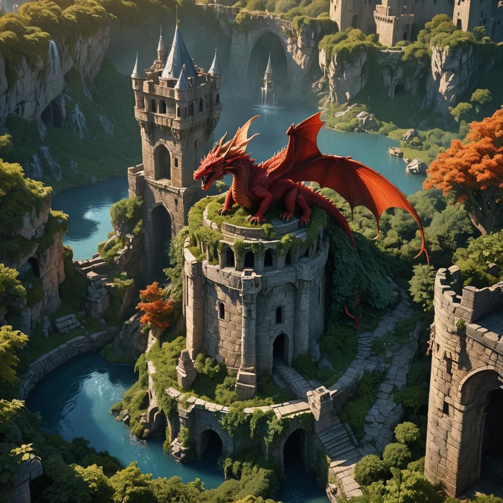 Red Dragon on Ruined Castle Keep