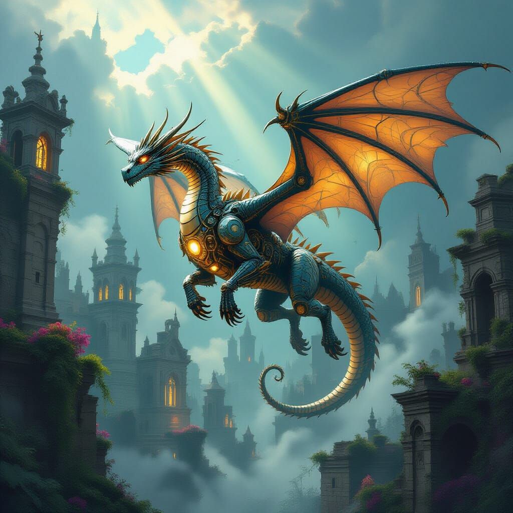 Clockwork Dragon Soars Over Ancient City