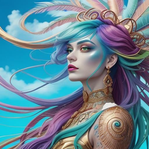 Surreal Woman with Rose Gold Skin and Feathers