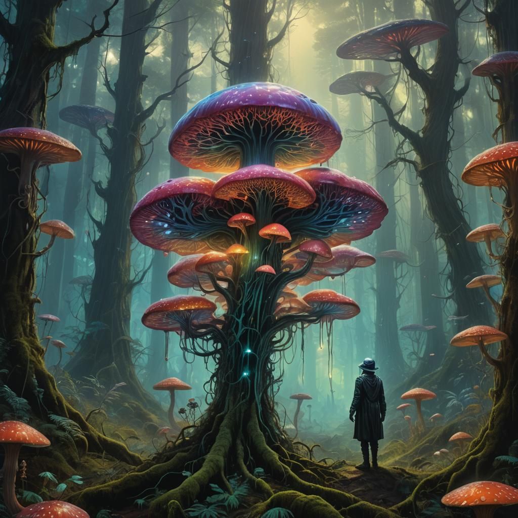 Mystical Being on Iridescent Mushroom, Surreal Concept Art