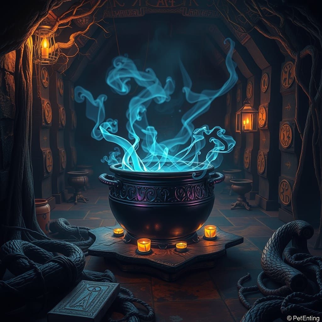 Mystical Cauldron in Eerie Fantasy Chamber