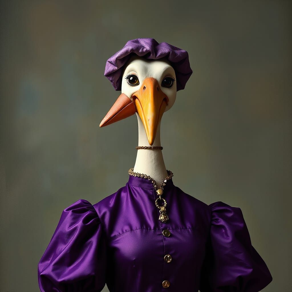 Stork-Headed Woman in Purple Dress
