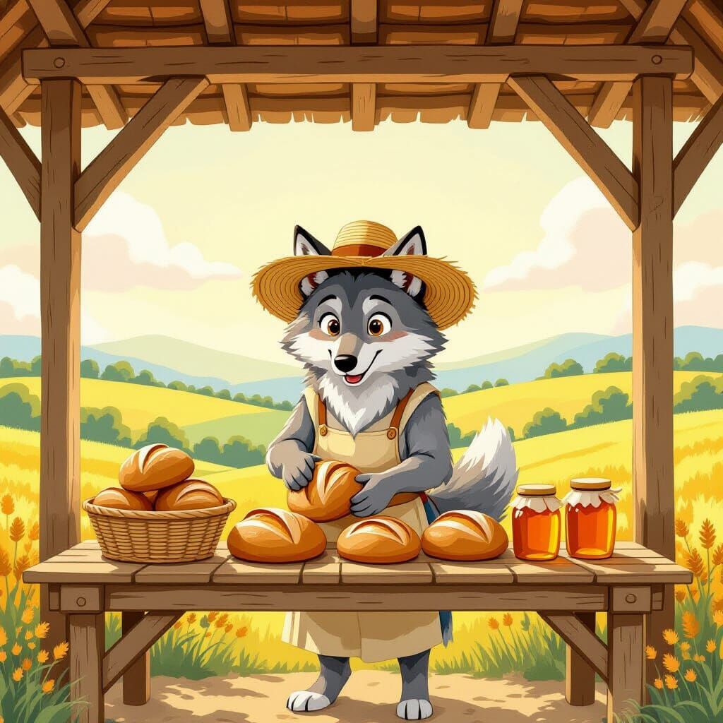 Charming Wolf Baker at Farmstand, Storybook Illustration