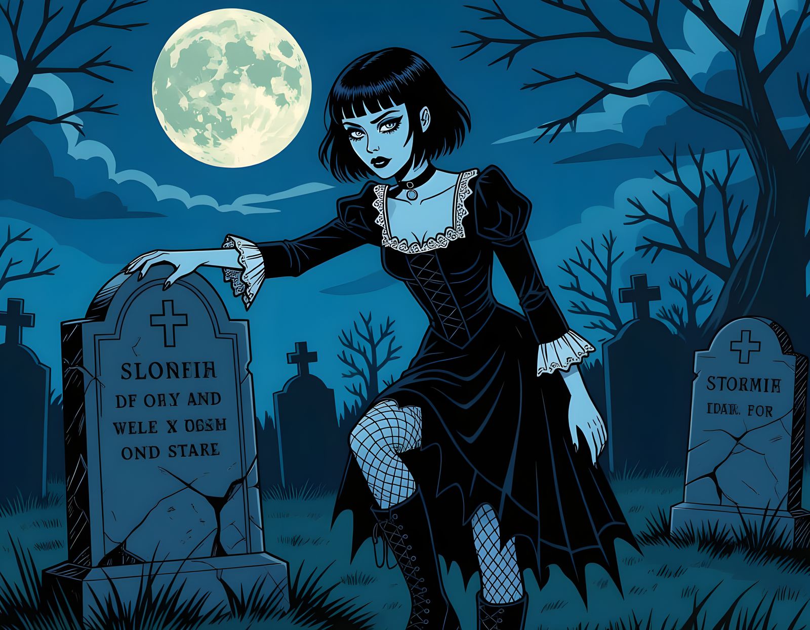 Goth Woman in Moonlit Graveyard