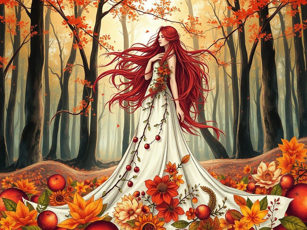 Enchanted Autumn Forest Woman in Watercolor Style