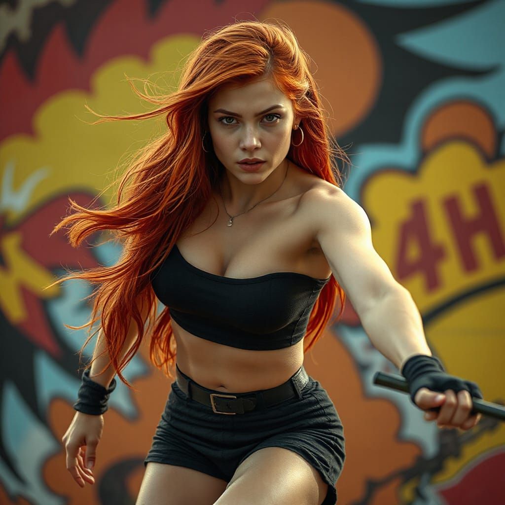 Hyperrealistic Stuntwoman in Action, Dramatic Lighting