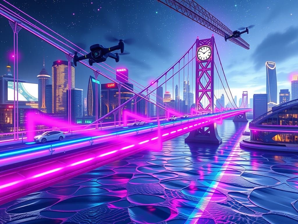 Cyberpunk Cityscape with Futuristic Bridge and Glowing River