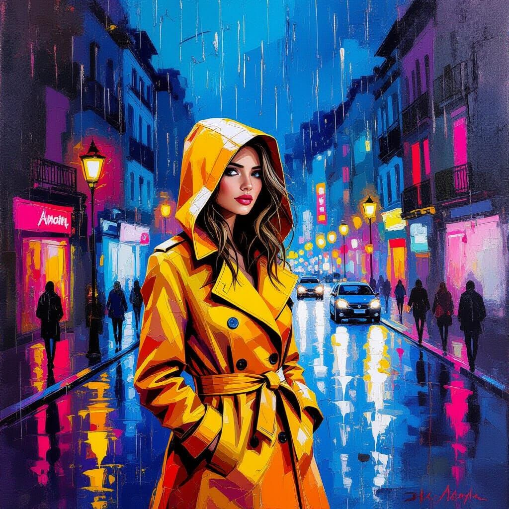 Barcelona Nightscape: Young Woman in Impasto Style