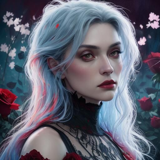 red roses for a blue vampire lady intricate details, HDR, be...