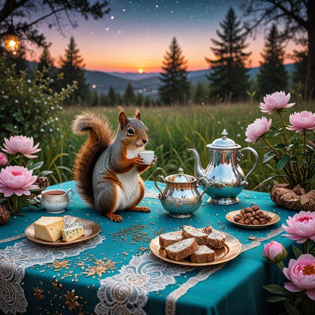 Squirrel Tea Party Under a Sunset Moon