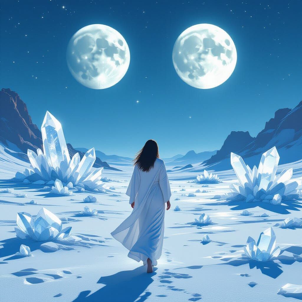 Crystal Desert Walker Under Two Moons: Dreamy Future