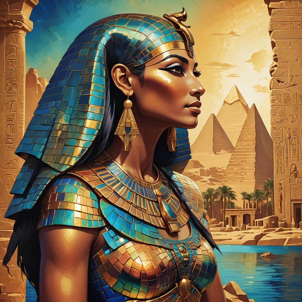 Egyptian Goddess Portrait with Iridescent Landscape