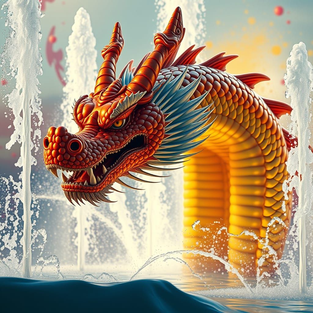 Iridescent Dragon Emerges from Fountain, Hyperrealistic Art