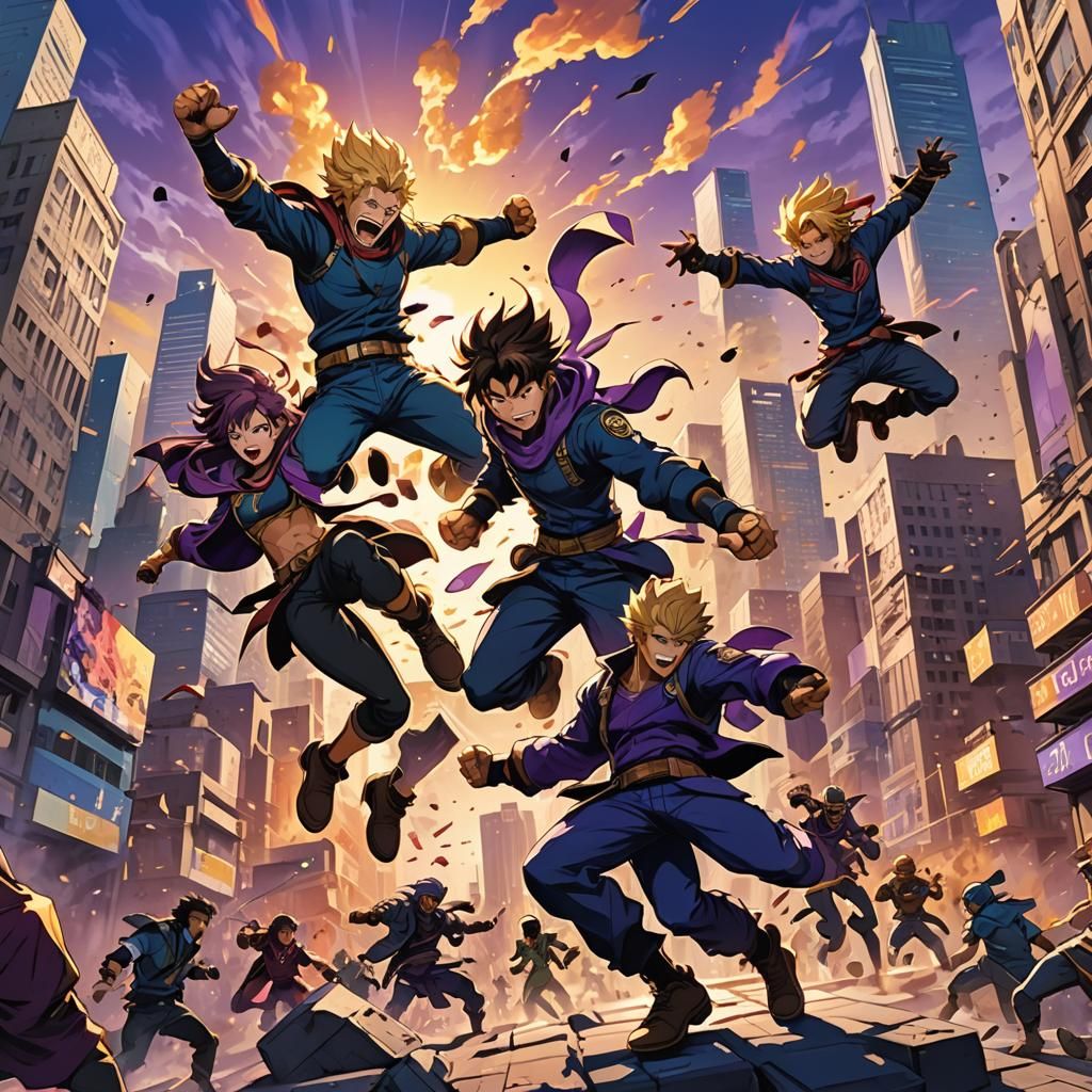 Anime Brawlers Clash in Cityscape, Manga Scan Style