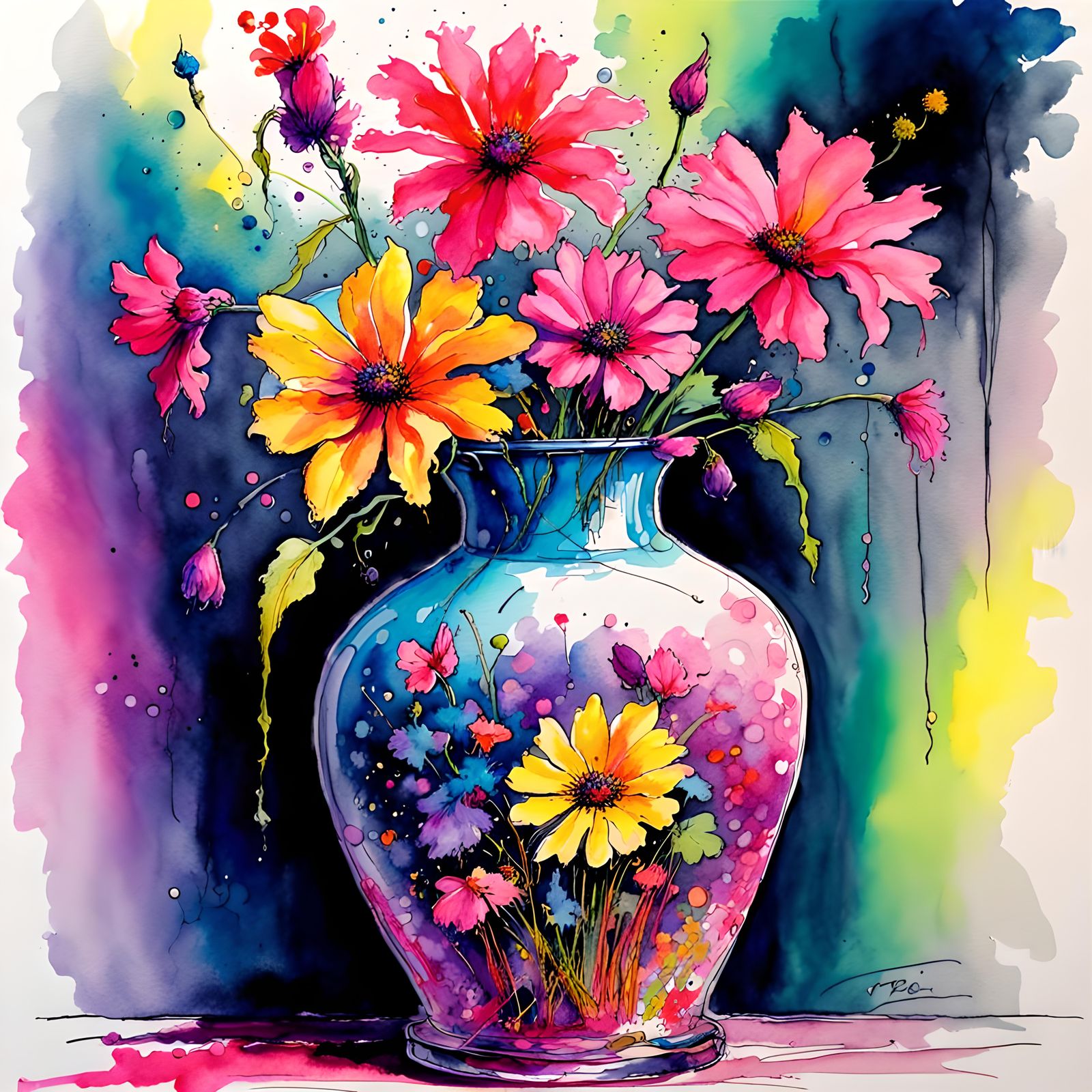 Vase of fantasy fairy enchanted flowers, brightly neon color...