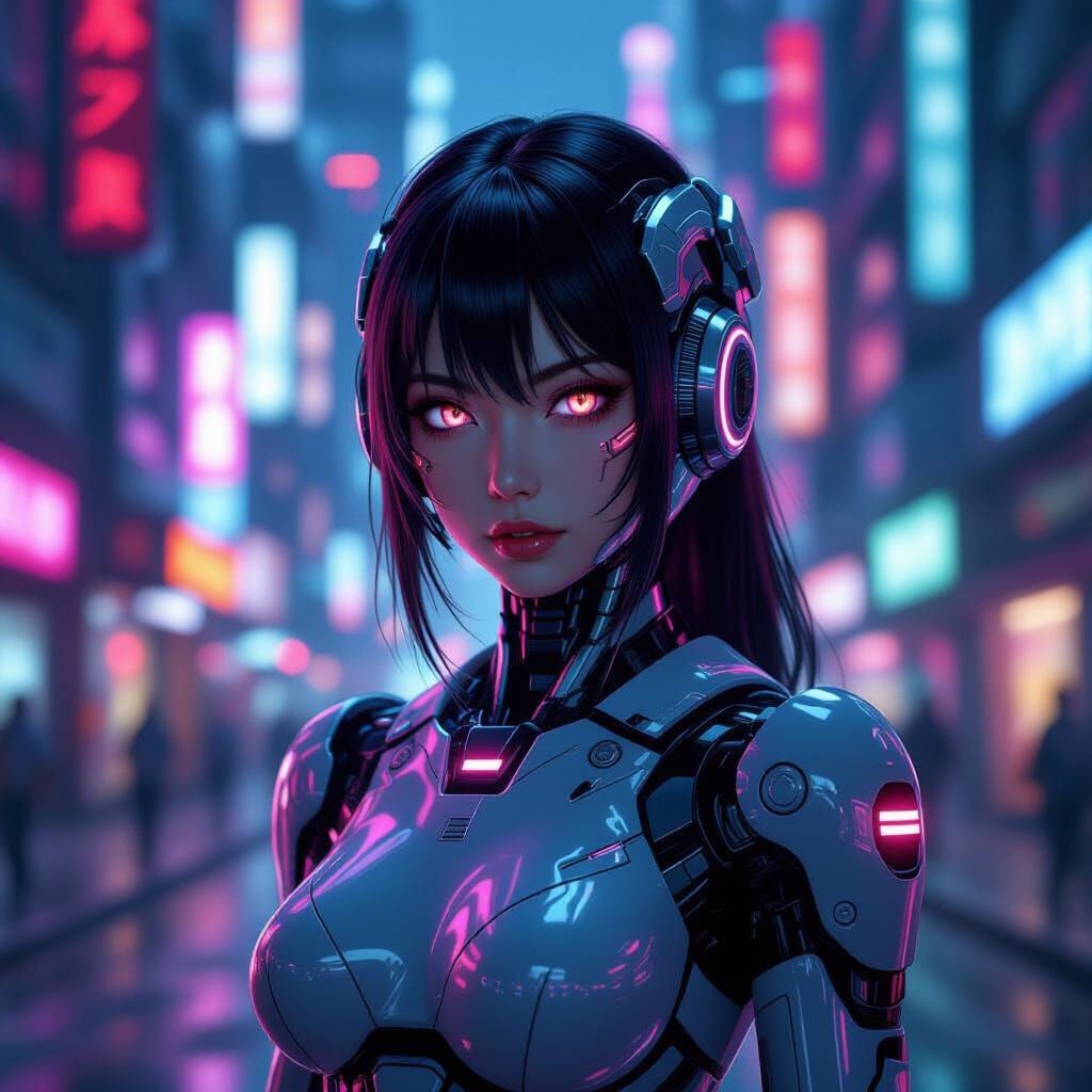 Cyberpunk Anime Woman with Neon Cityscape