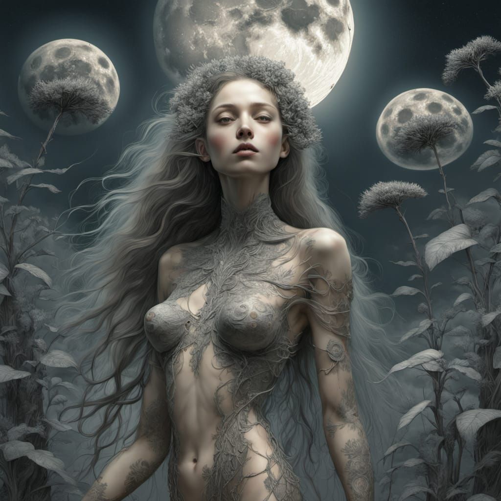 Mysterious Crystal Woman Among Grey Flowers Under Full Moon