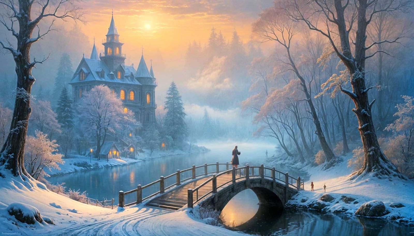 Victorian Couple Strolling Misty Lake Path in Ethereal Style