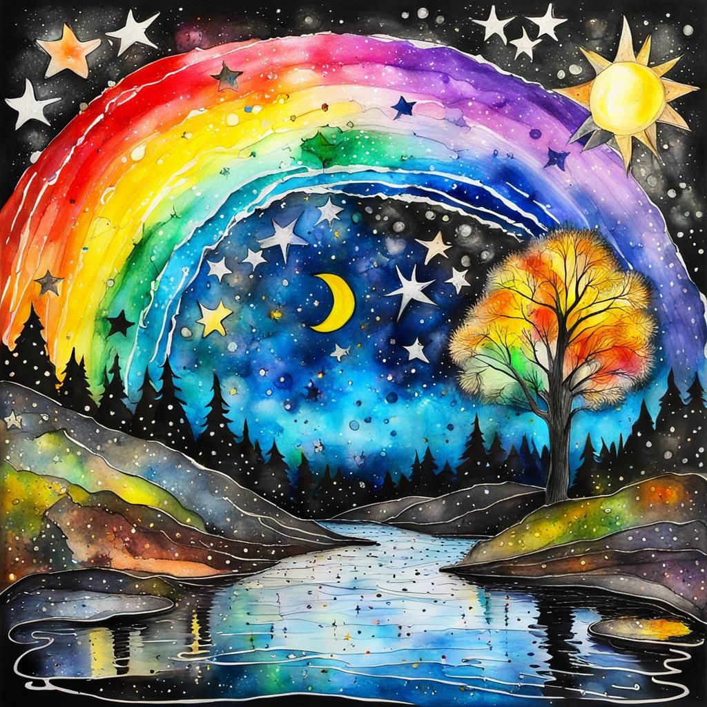 Rainy Starry Night: Surreal Child's Drawing in Van Gogh Styl...