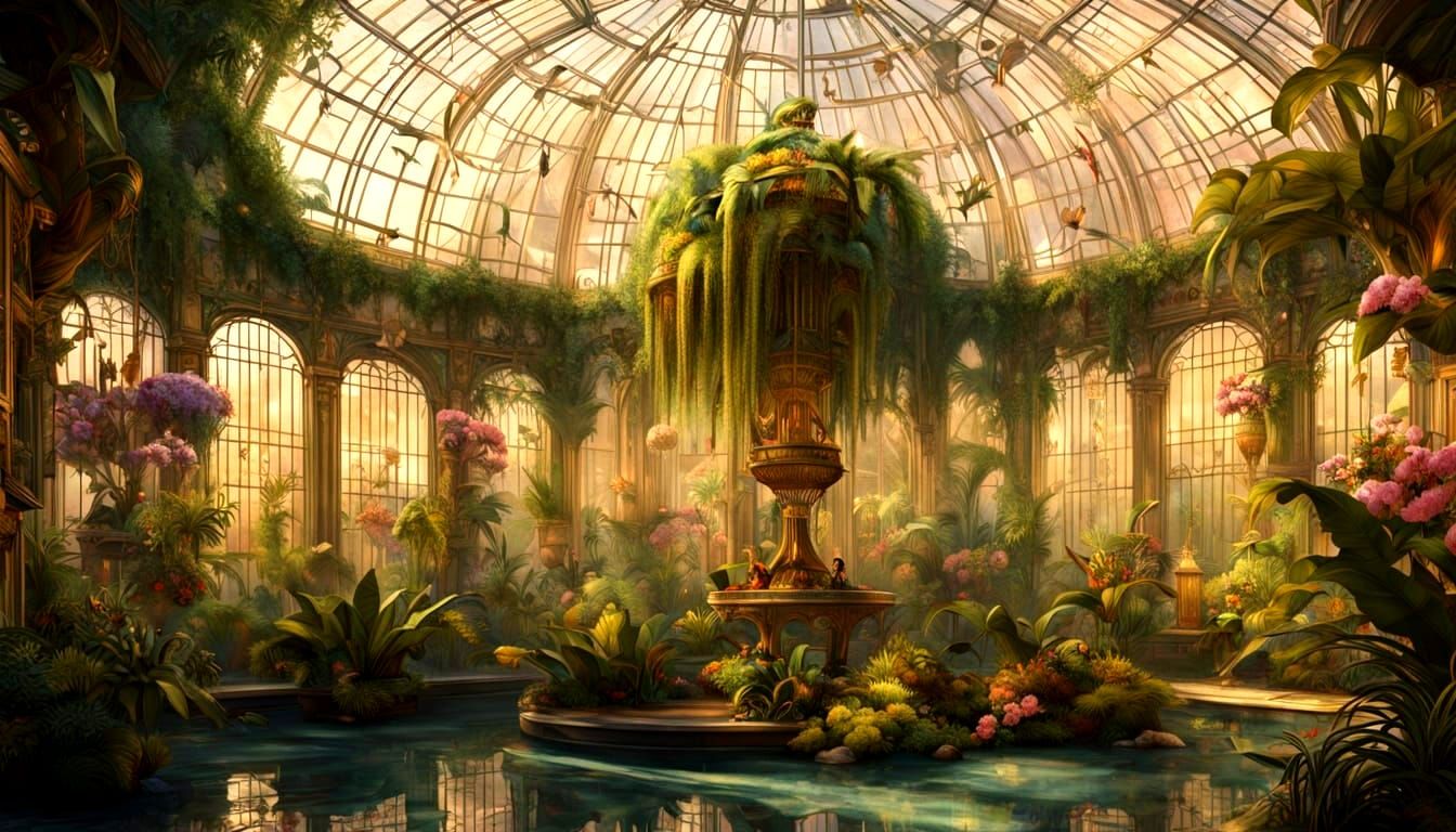 Inside a grand, glass-domed Art Deco greenhouse