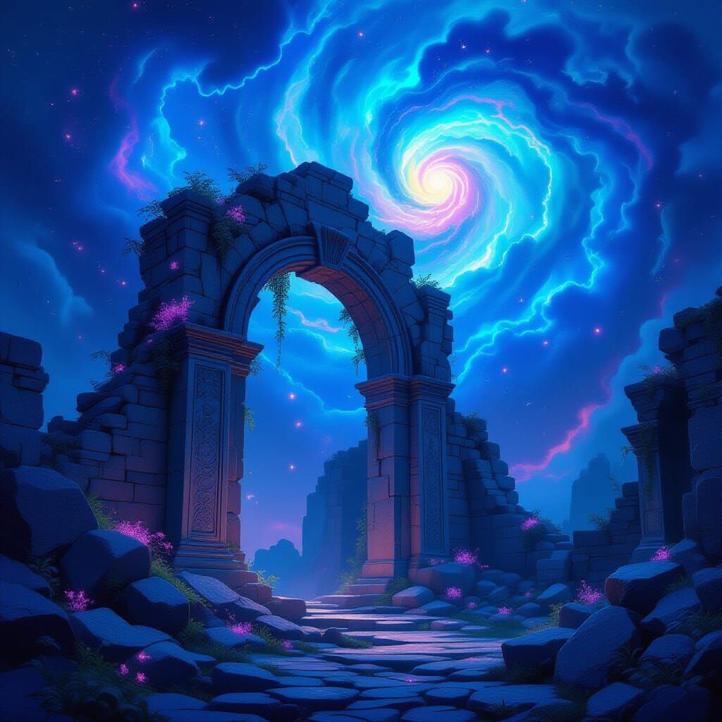 Ancient Ruin Under Nebula, Illuminated by Magic