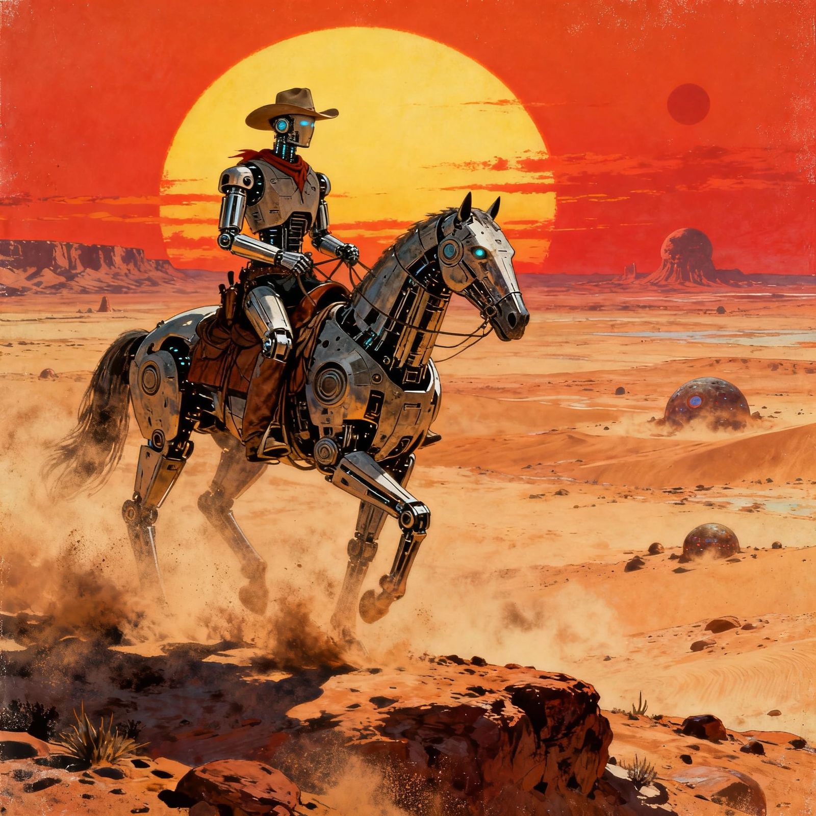 Cyborg Cowboy Rides Robotic Horse in Alien Desert Sunset