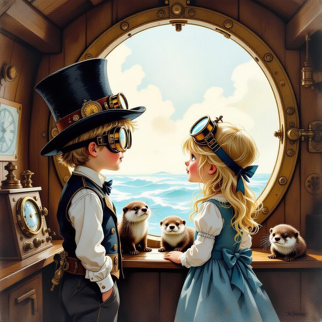 Steampunk Ship Adventure: Boy and Girl Watch Otters Through ...