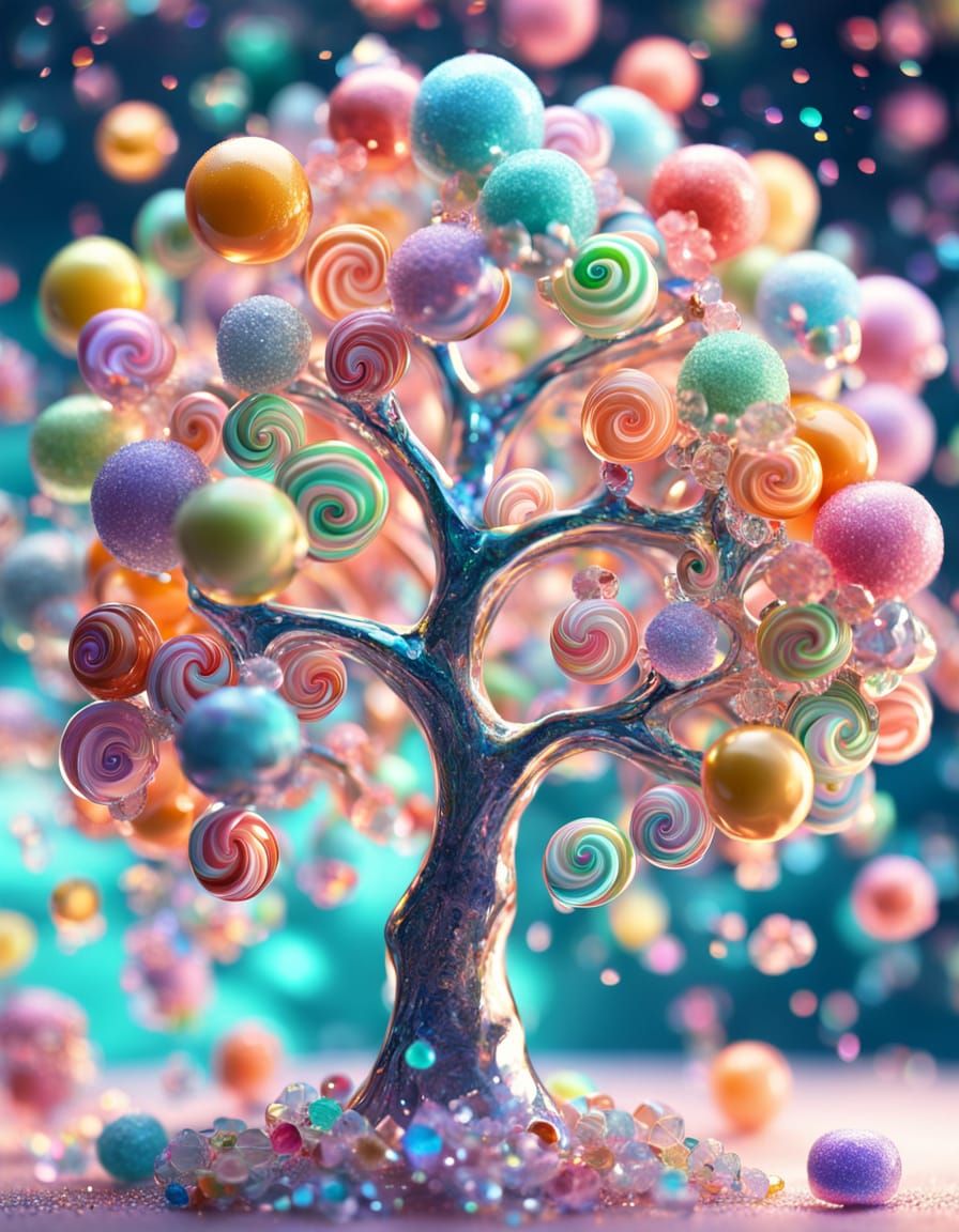 Whimsical Glass Tree Filled with Candy in Surreal Style