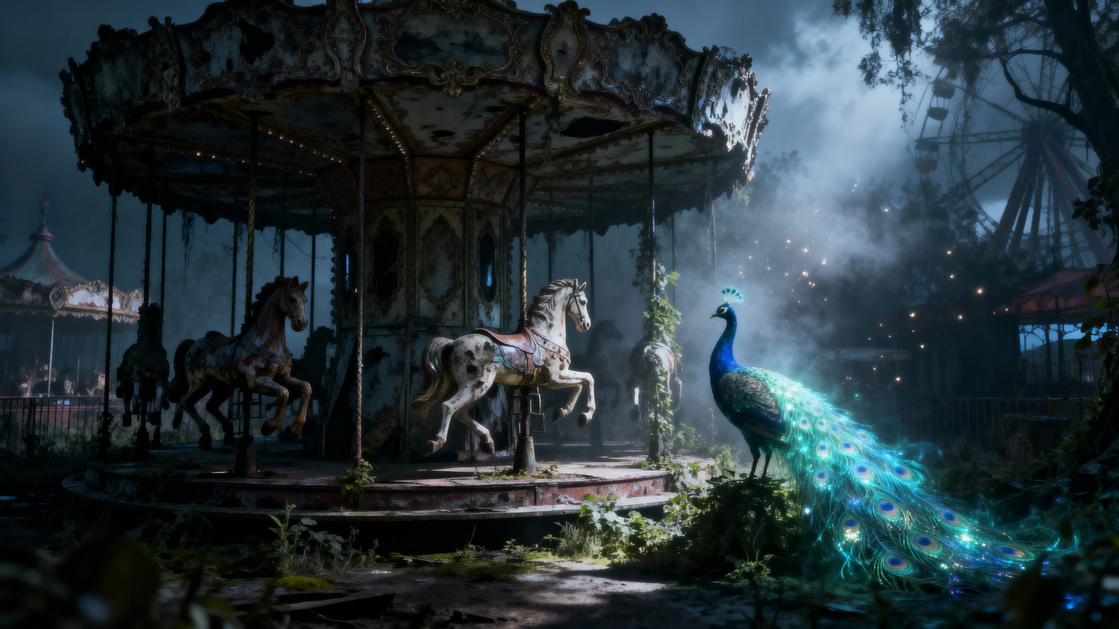 Spectral Peacock on Abandoned Carousel in Gothic Fantasy Sty...