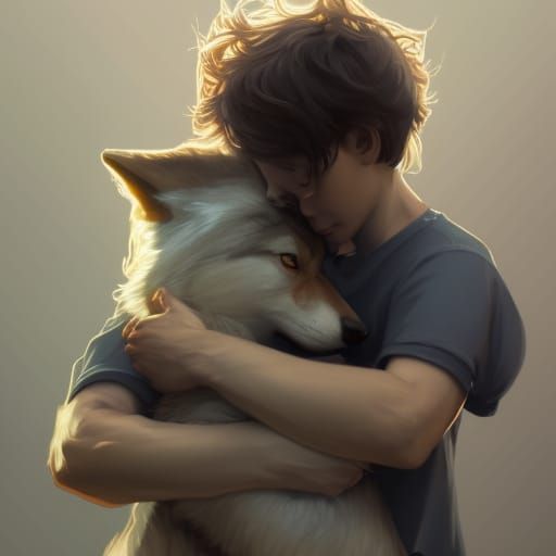 Boy hugging wolf
