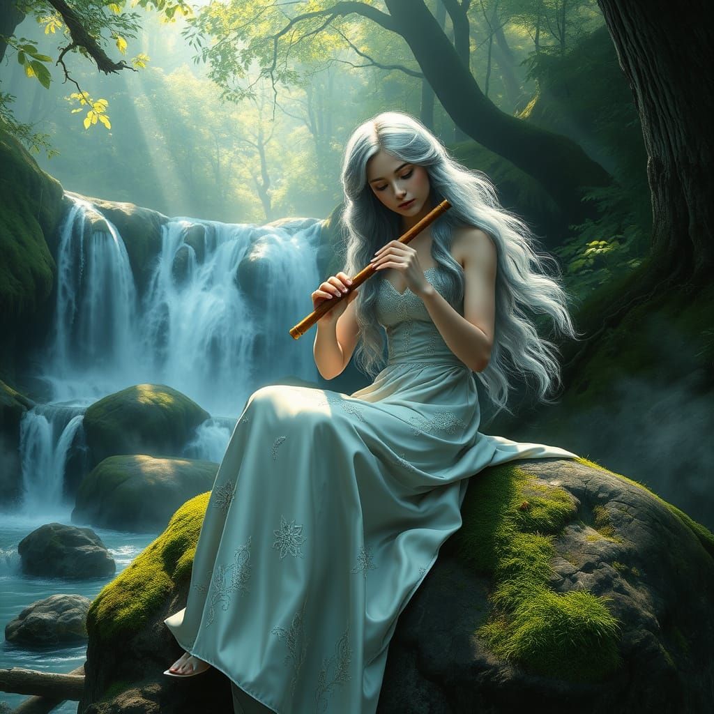 Ethereal Woman Plays Flute by Waterfall in Hyperrealistic St...