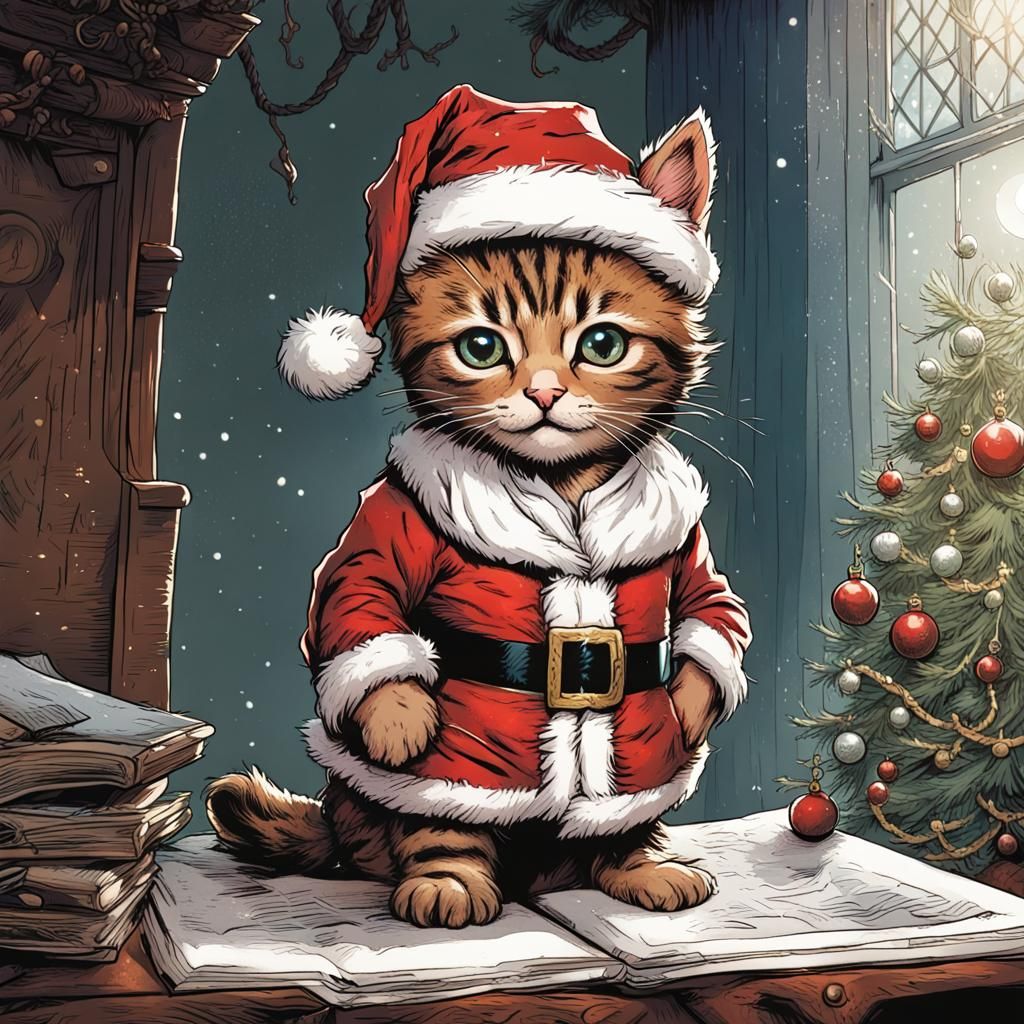 Style of Tenniel, a drawing of a tabby kitten dressed as Father Christmas