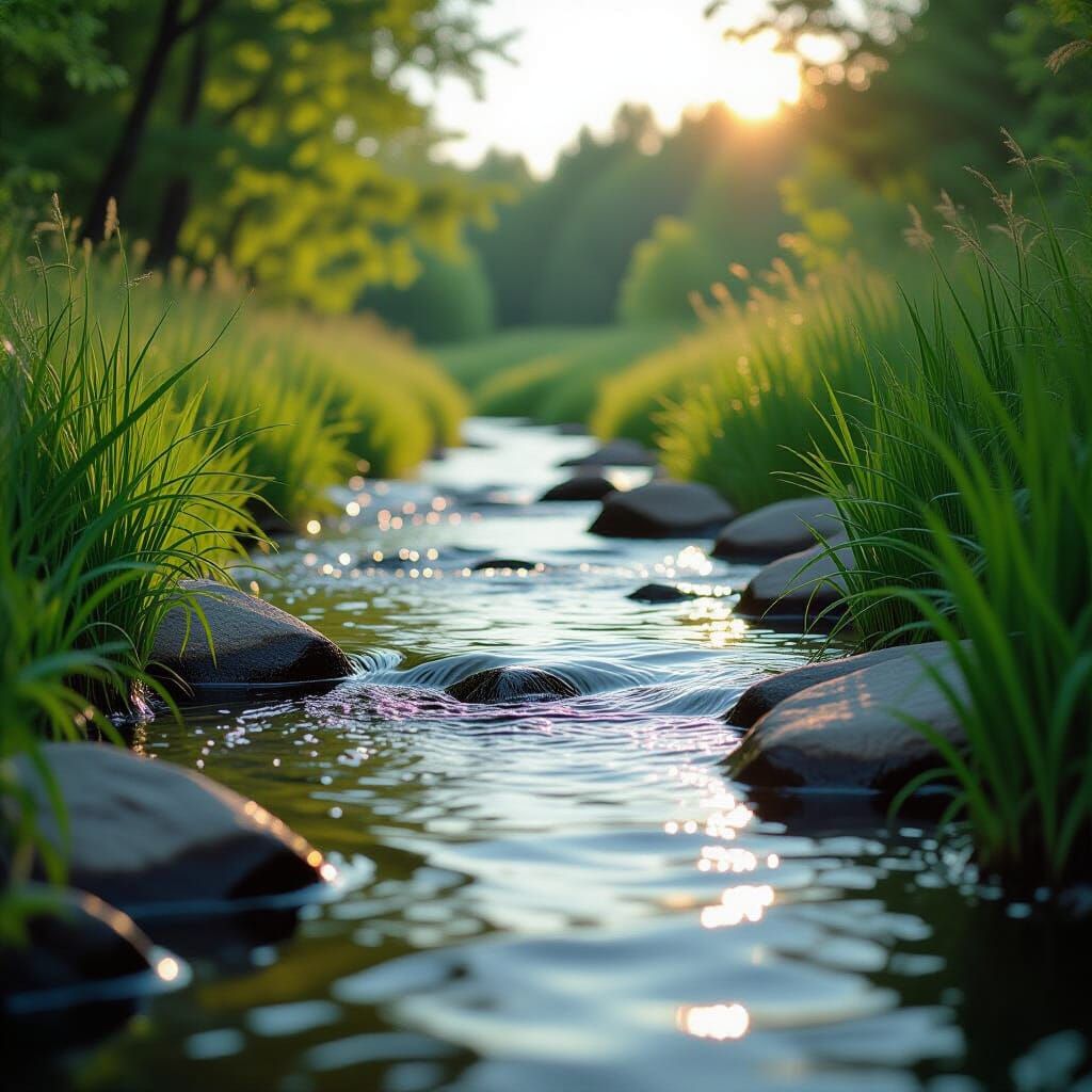 Serene Brook with Rocks and Grass: Cinematic Film Still