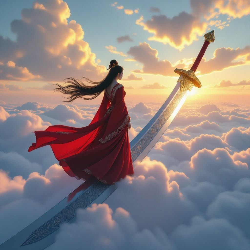 Ancient Chinese Woman on Giant Sword Above Clouds