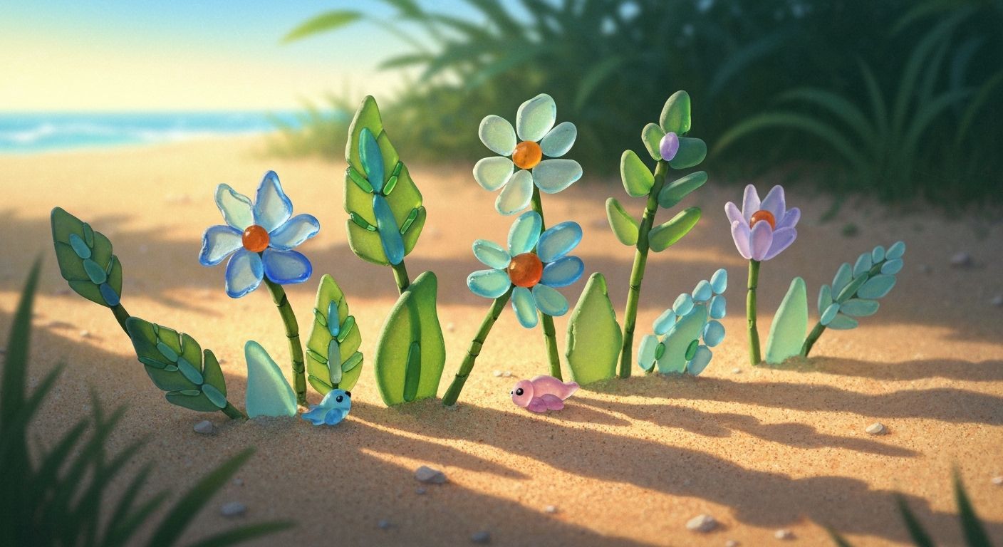 Whimsical Sea Glass Garden Sculpture Glowing