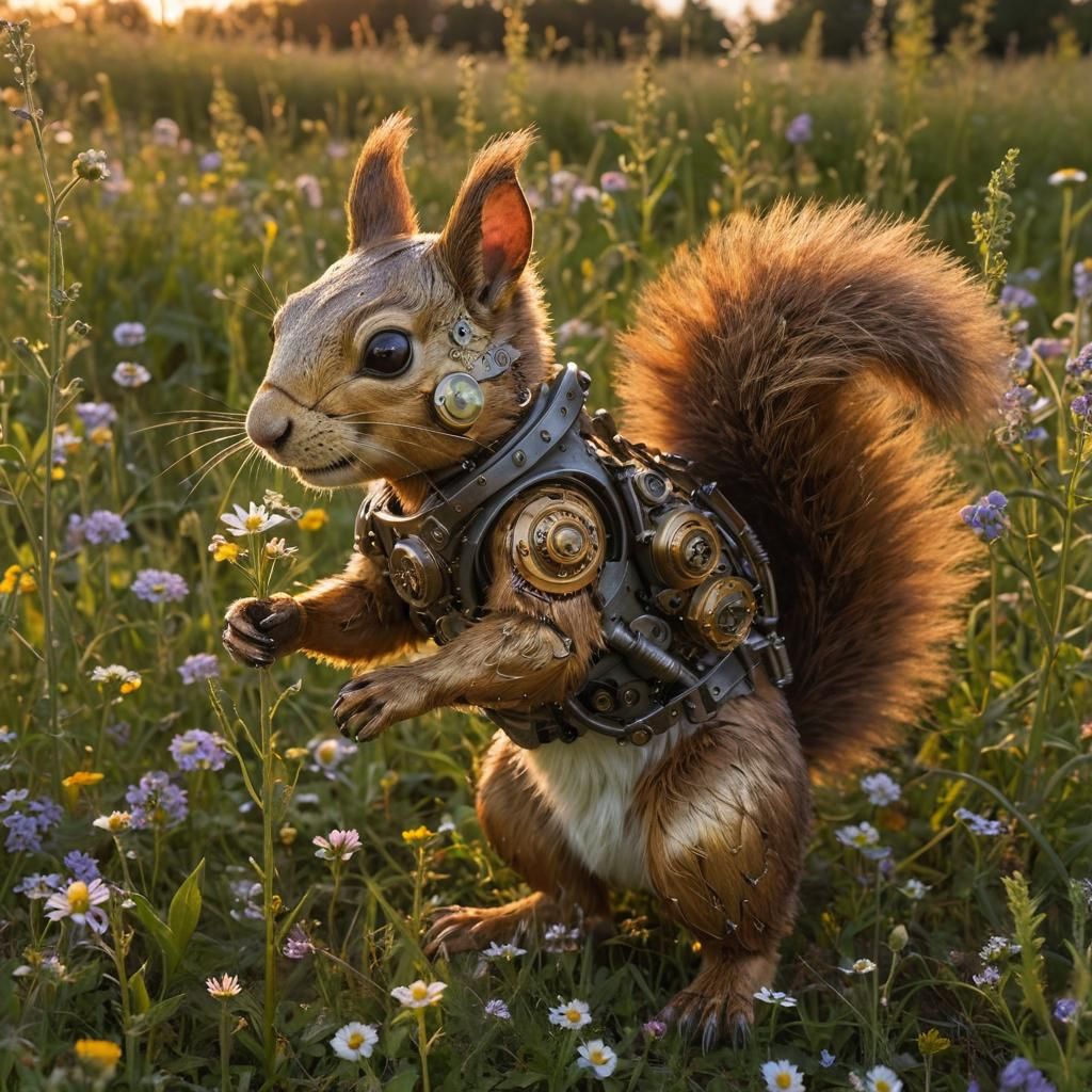 Steampunk Squirrel in Golden Meadow