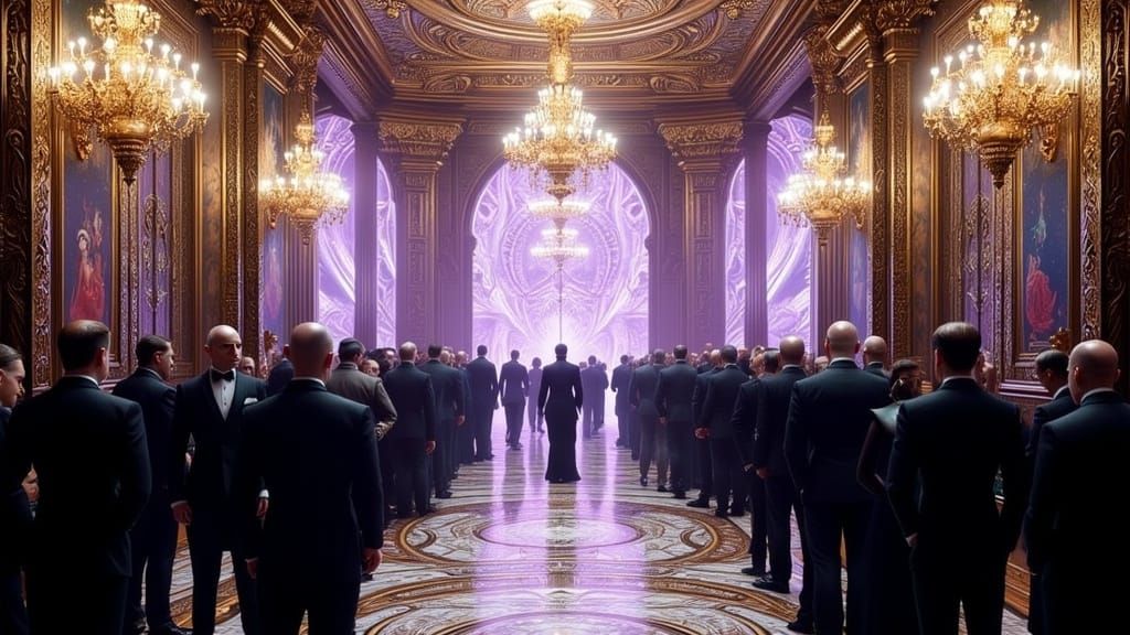 Surreal Ballroom with Somber Crowd