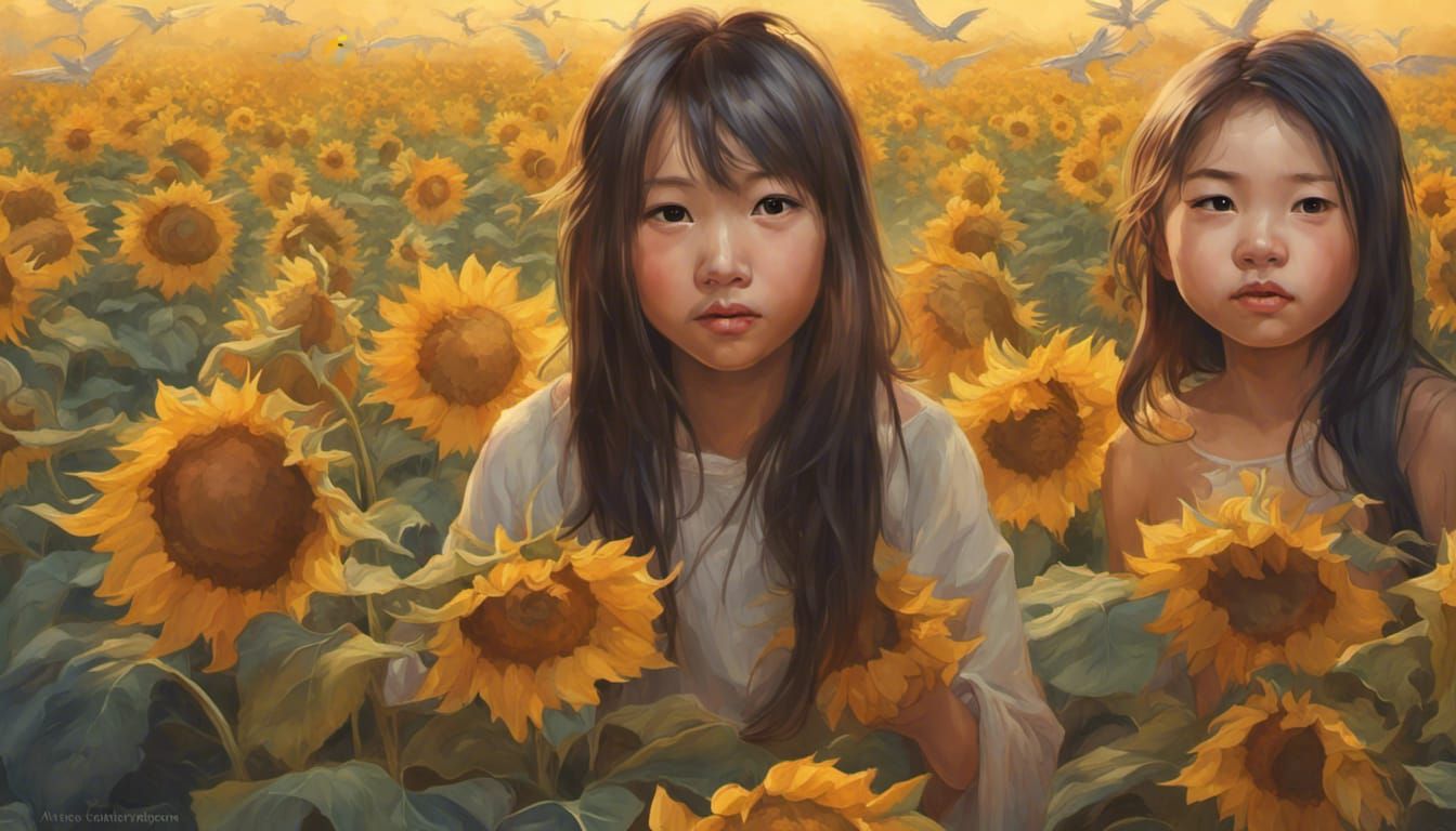 Children Play in Sunflower Field, Detailed Portrait