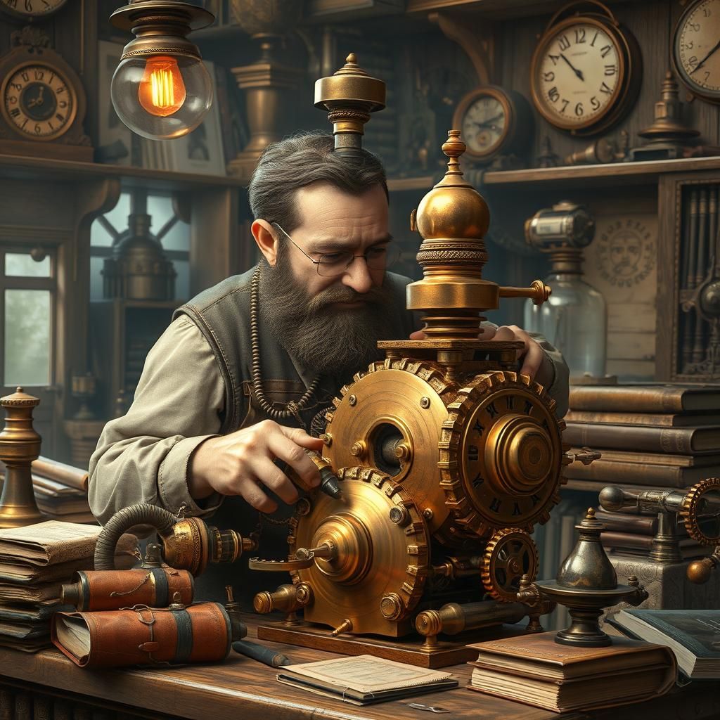 Steampunk Inventor Tinkers with Engine in Workshop